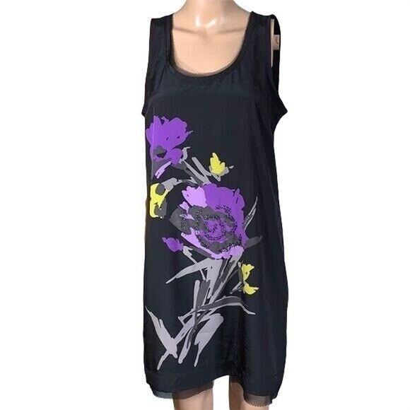 Elle Womens Shift Dress Silky Sleeveless Floral Summer Black Purple Small - Picture 1 of 10